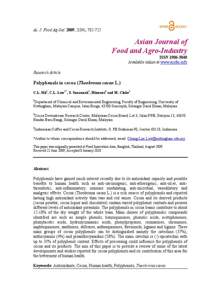 Polyphenols in Cocoa (Theobroma Cacao L.) PDF Phenolic Content In