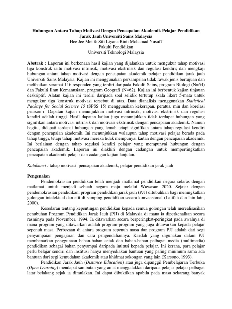 Hubungan Antara Tahap Motivasi Dengan Pencapaian Akademik Pelajar Pendidikan Jarak Jauh Universiti Sains Malaysia Pdf