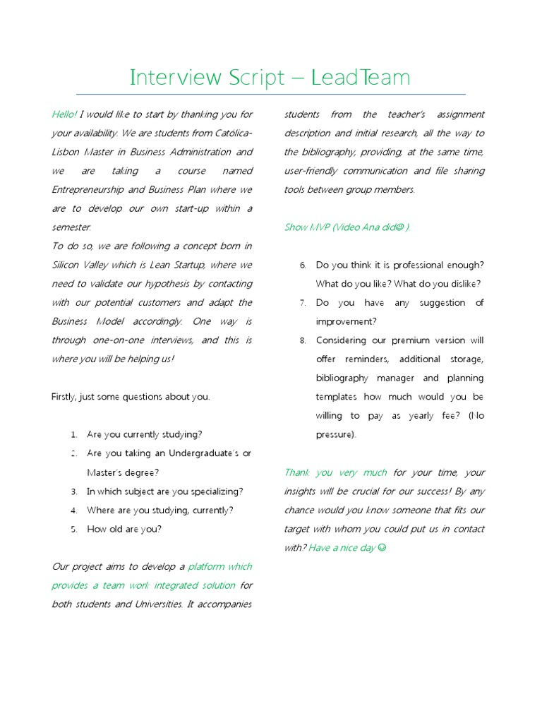 LeadTeam Interview Script for Startup Validation | PDF