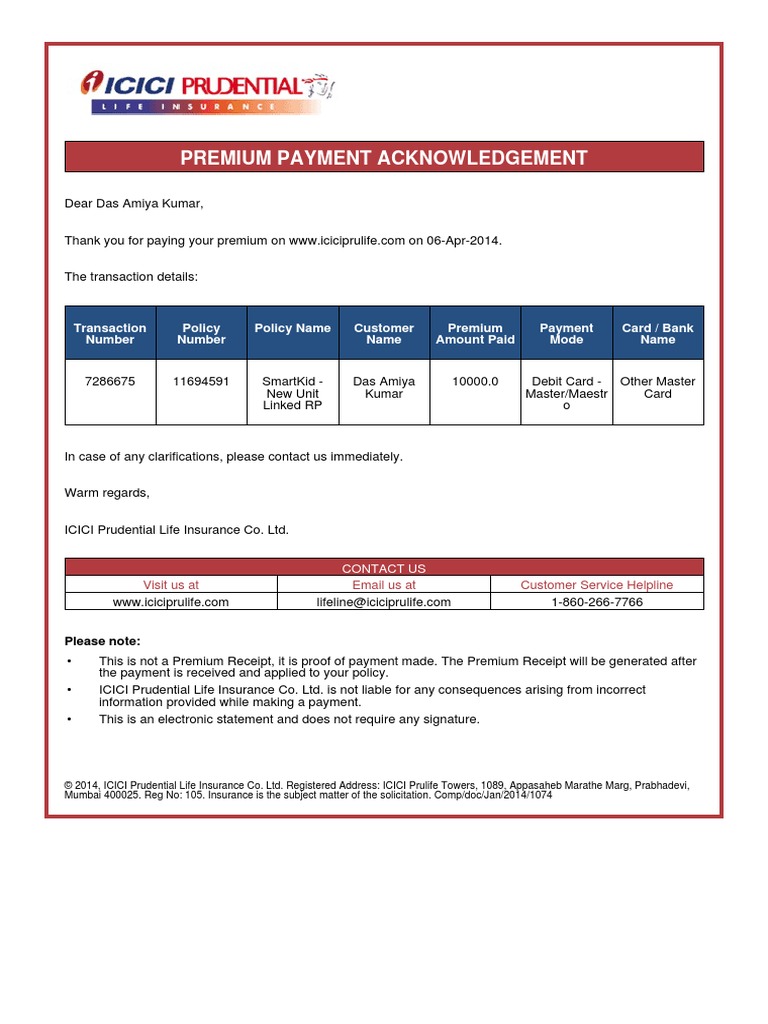 Premium Paid Acknowledgement PDF