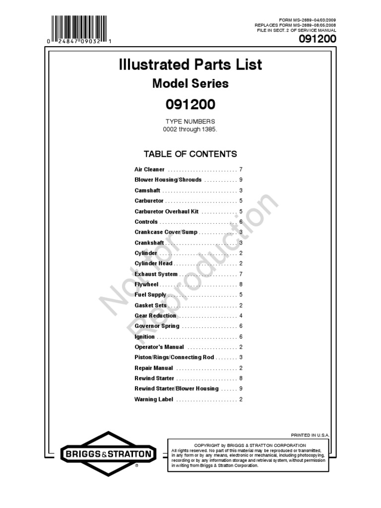 Briggs & Stratton Model 091200 Illustrated Parts List | Carburetor |  Electrical Connector