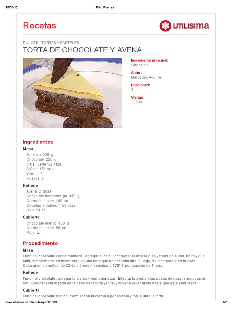 Torta de Chocolate y Avena PDF | PDF | Chocolate | Crema