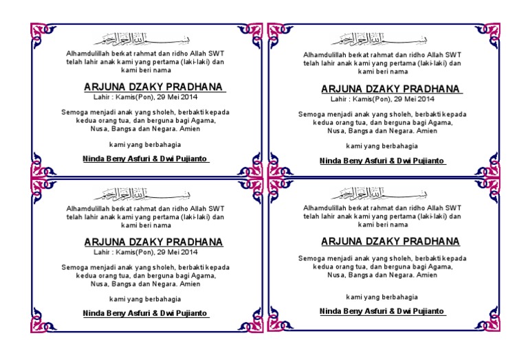 Contoh Kartu Ucapan Aqiqah Bayi Pada Berkat (Kotak Nasi)