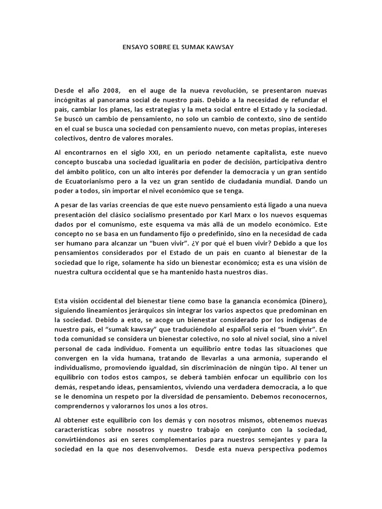 Ensayo Sumak Kawsay PDF Sociedad Salario