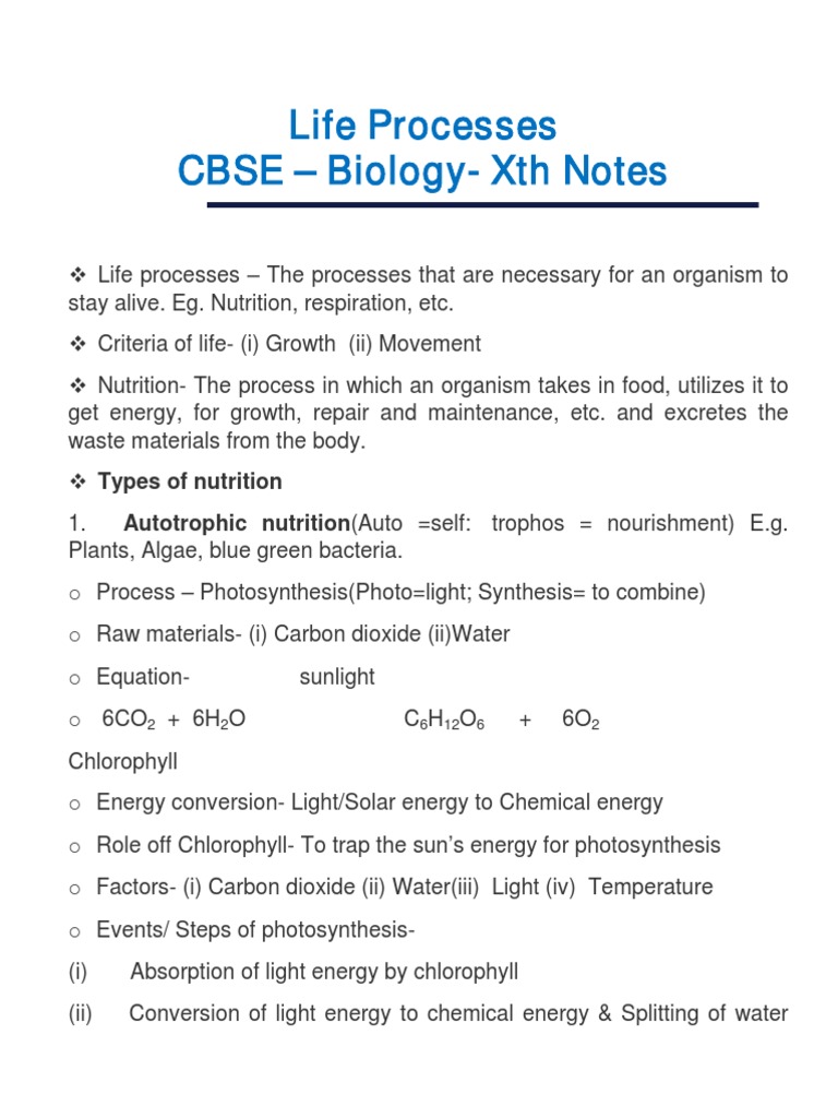 CBSE Class X Biology - Life Processs Key Notes | Download Free PDF ...