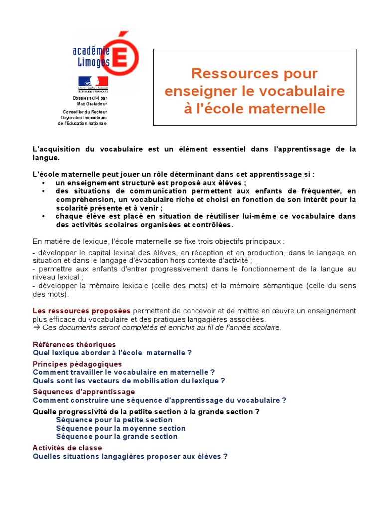 Guide Pour Enseigner Le Vocabulaire Pdf Ressources Pour Enseigner Le Vocabulaire en Maternelle | Lexique