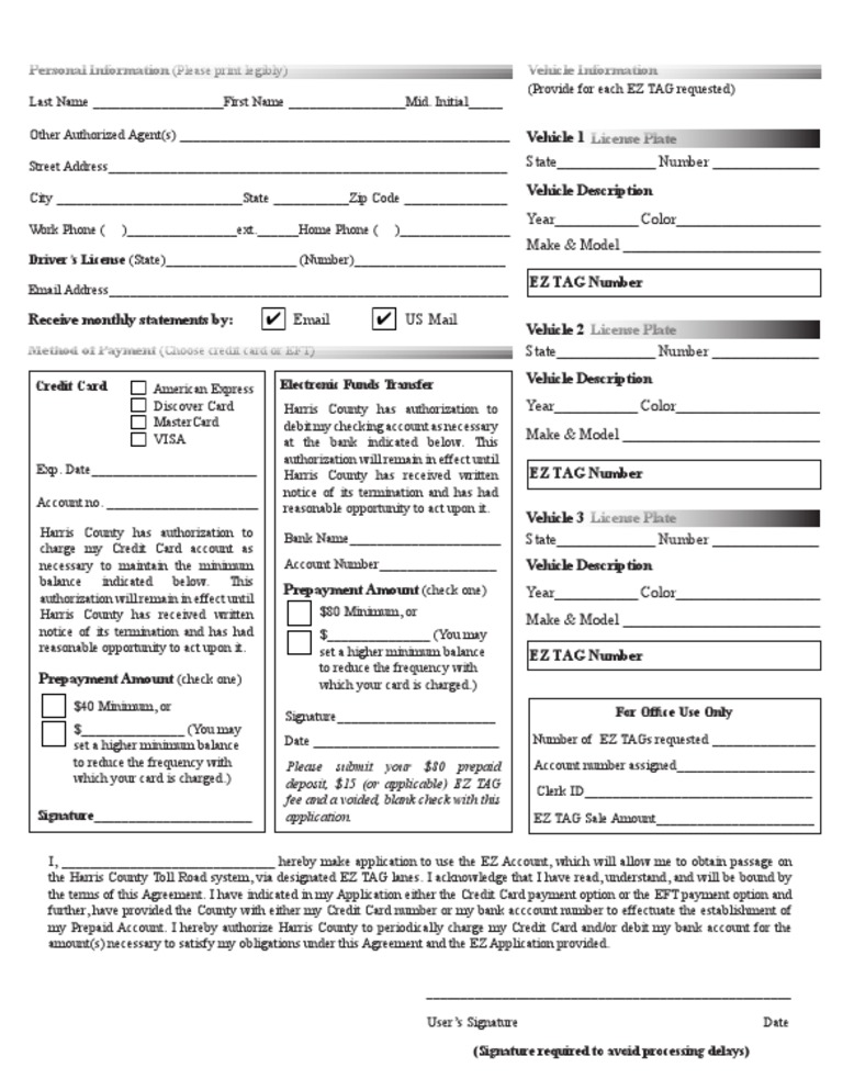 EZ Tag Application Form PDF Credit Card Debit Card
