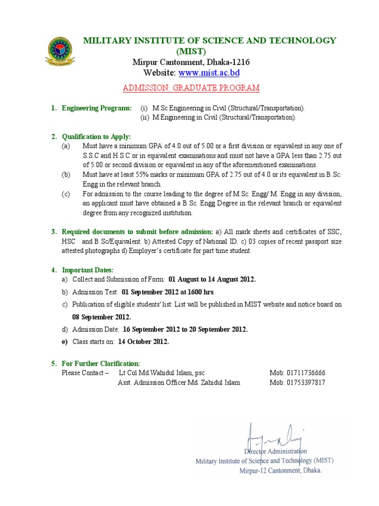 Military Institute of Science and Technology (MIST) : Website | PDF