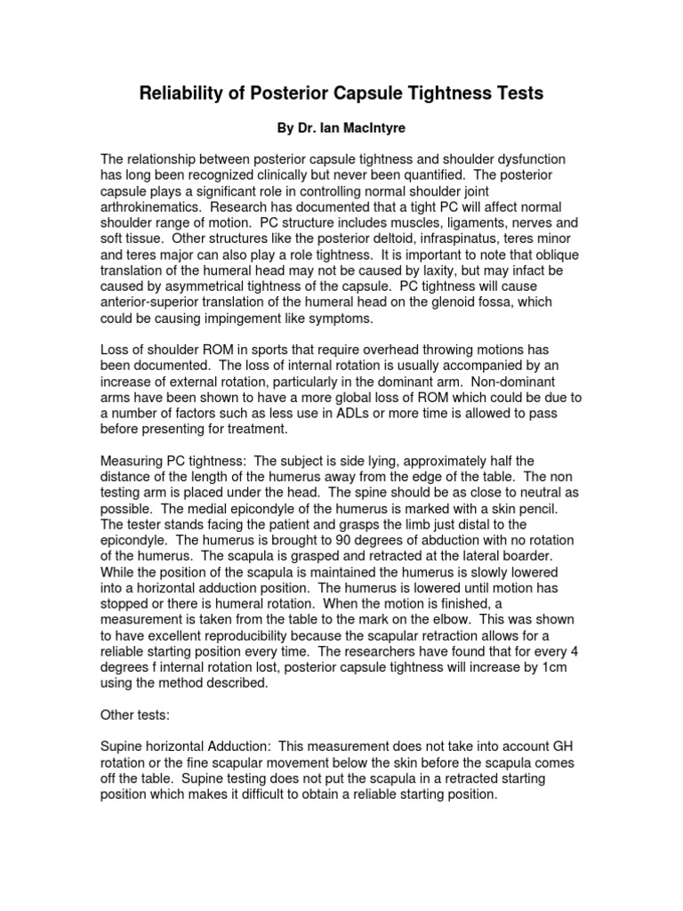 Reliability of Posterior Capsule Tightness Tests PDF Shoulder Arm