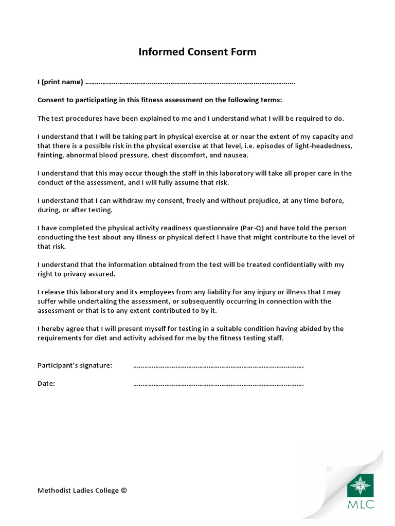 Informed Consent Form For Fitness Tests