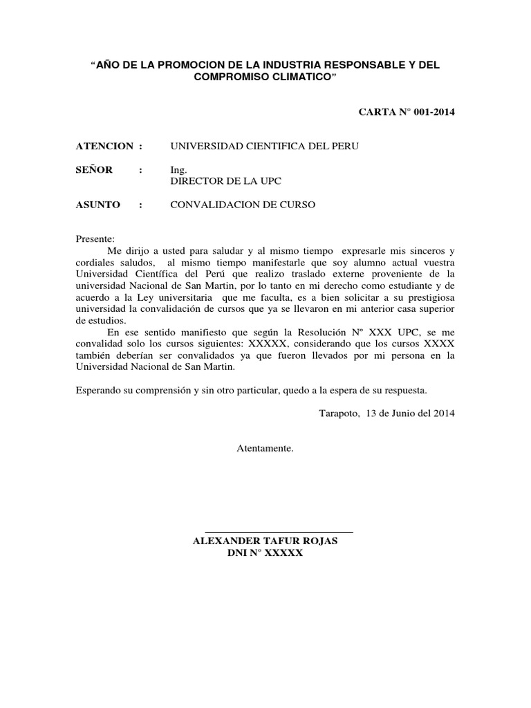 Modelo De Carta Para Convalidacion De Curso Upc Pdf