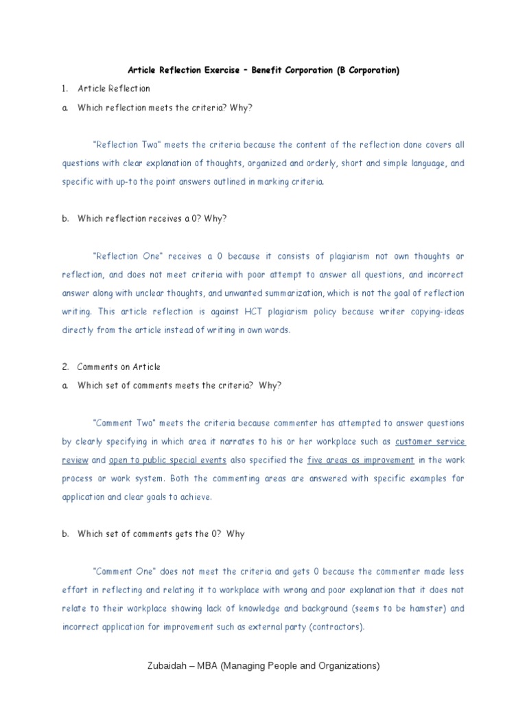 Article Reflection Exercise B Corporation Zubaidah | PDF