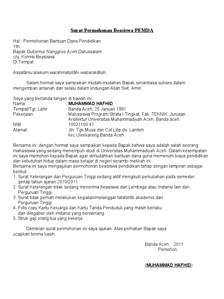 Surat Permohonan Beasiswa Pemda