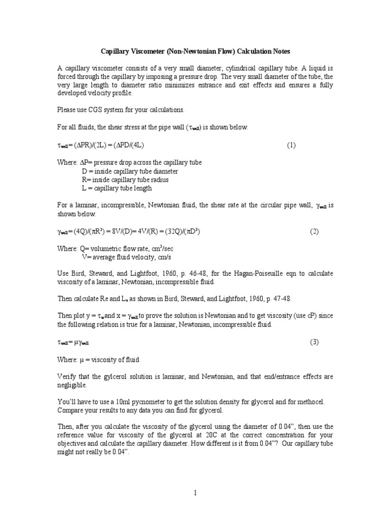 Capillary Calculation Notes PDF Viscosity Shear Stress