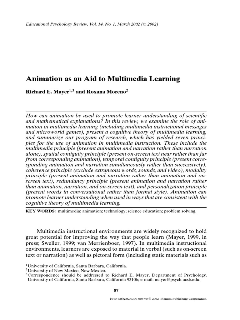 Animation As An Aid To Multimedia Learning | PDF | Educational ...