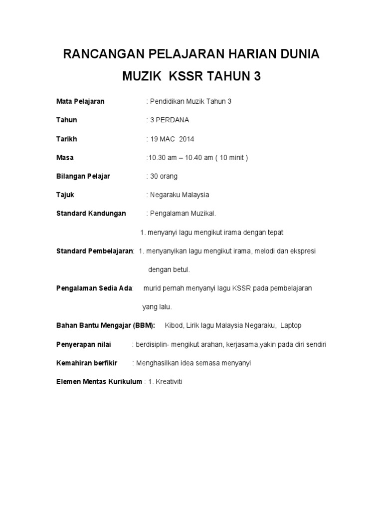 Contoh Penulisan Rph Muzik Tahun 3 - Olivia McLean