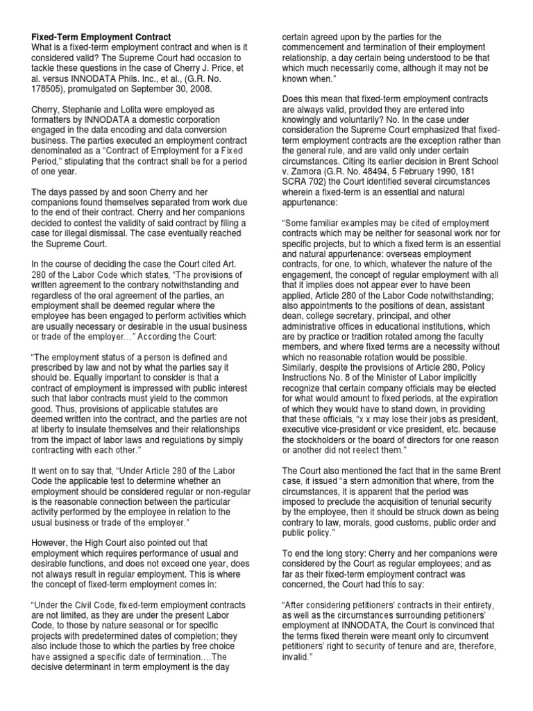 Fixed-Term Employment Contract | PDF | Employment | Labour Law