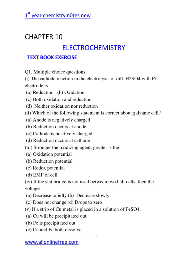 Chapter 10 Electrochemistry Text Book Exercise | PDF | Redox ...