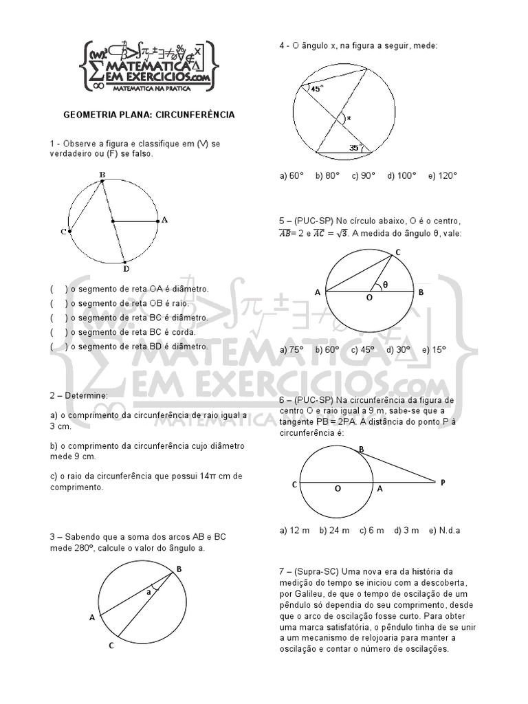 Exercícios de Circunferência | PDF