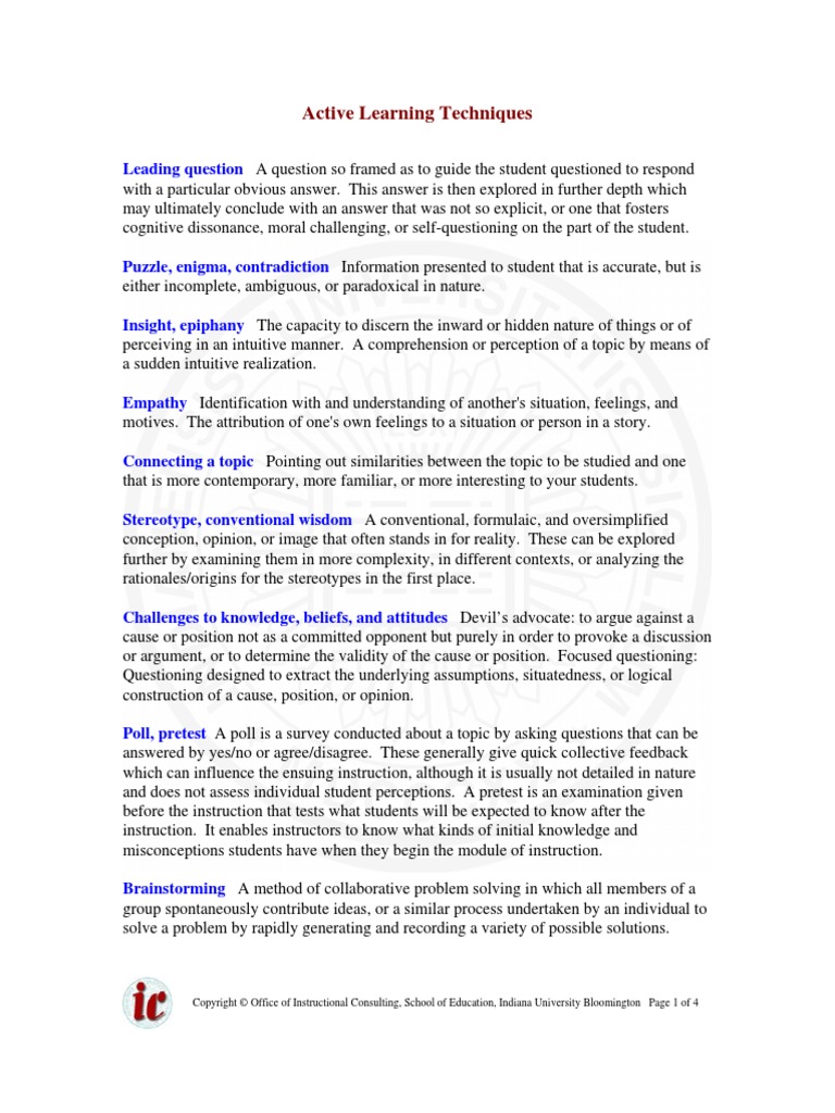 Active Learning Techniques Pdf Service Learning Concept