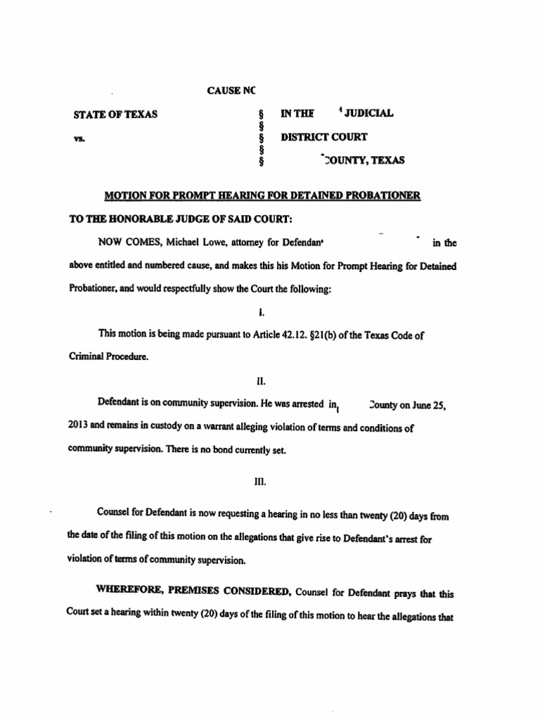 Motion for Prompt Hearing for Detained Probationer Texas