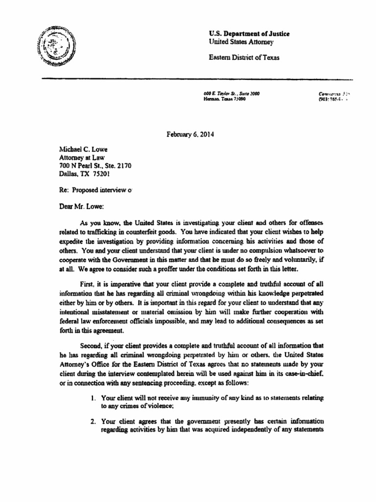 Sample Proffer Letter from U.S. Attorney United States Attorney Lawyer