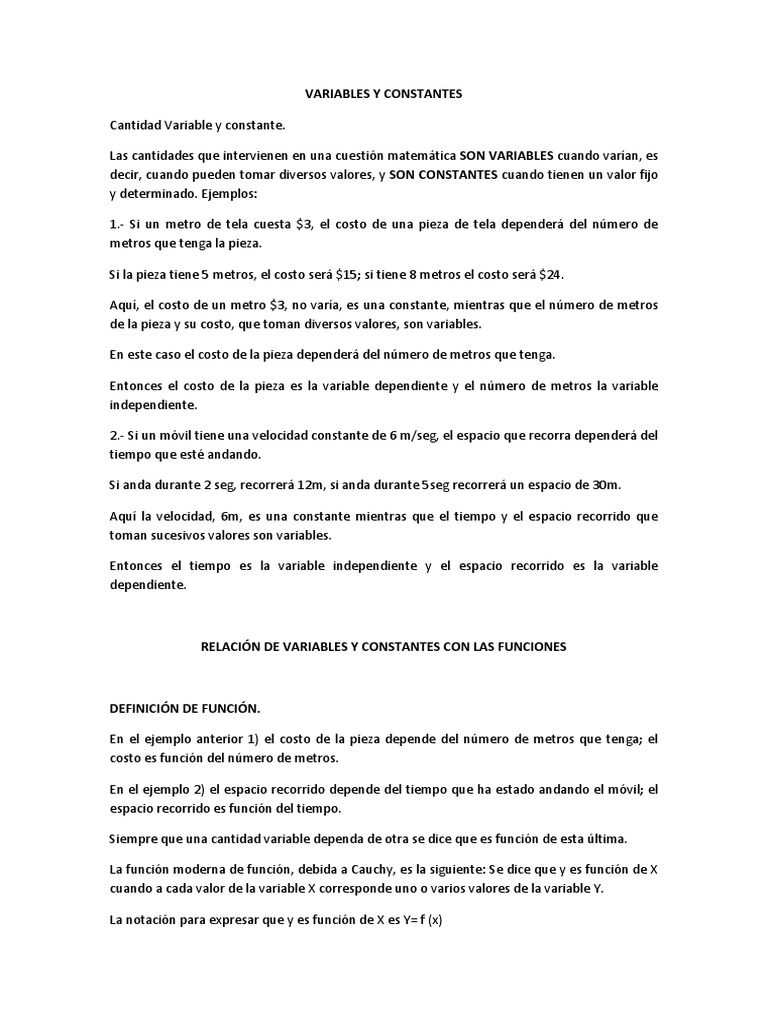 4.1 Variables y Constantes | PDF | Función (Matemáticas) | Conceptos ...