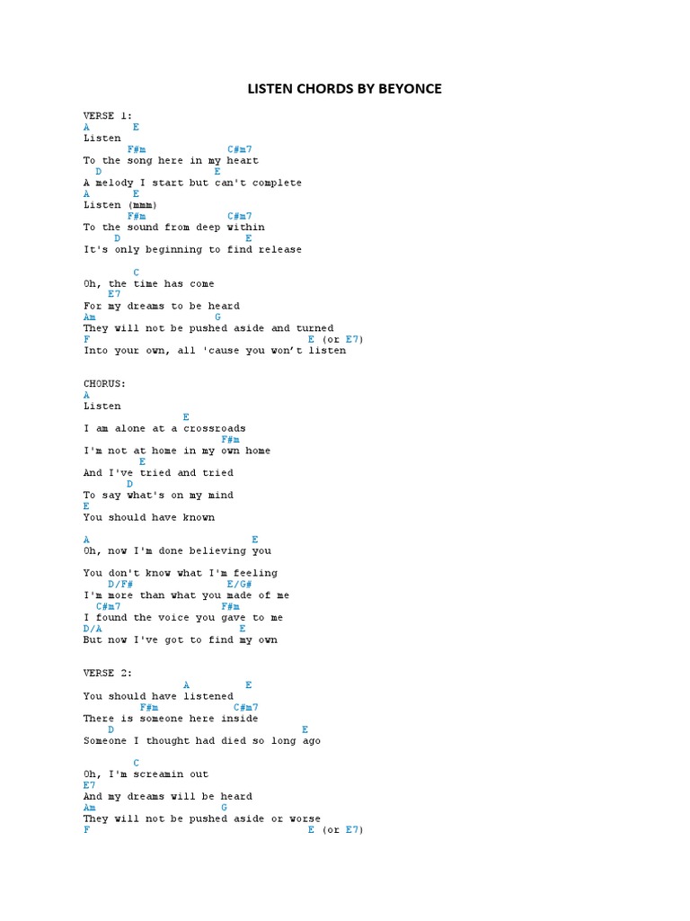Listen Chords by Beyonce | PDF | Song Structure | Pop Music