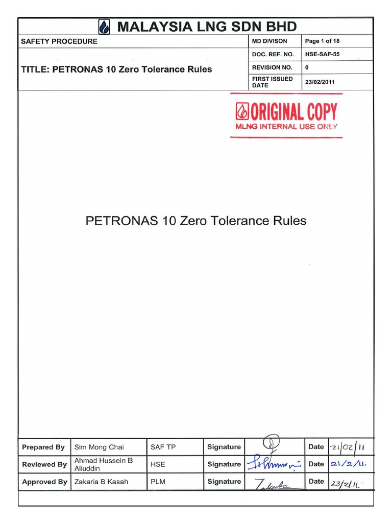 Hse-saf-55 Petronas 10 Zero Tolerance Rules | Personal Protective