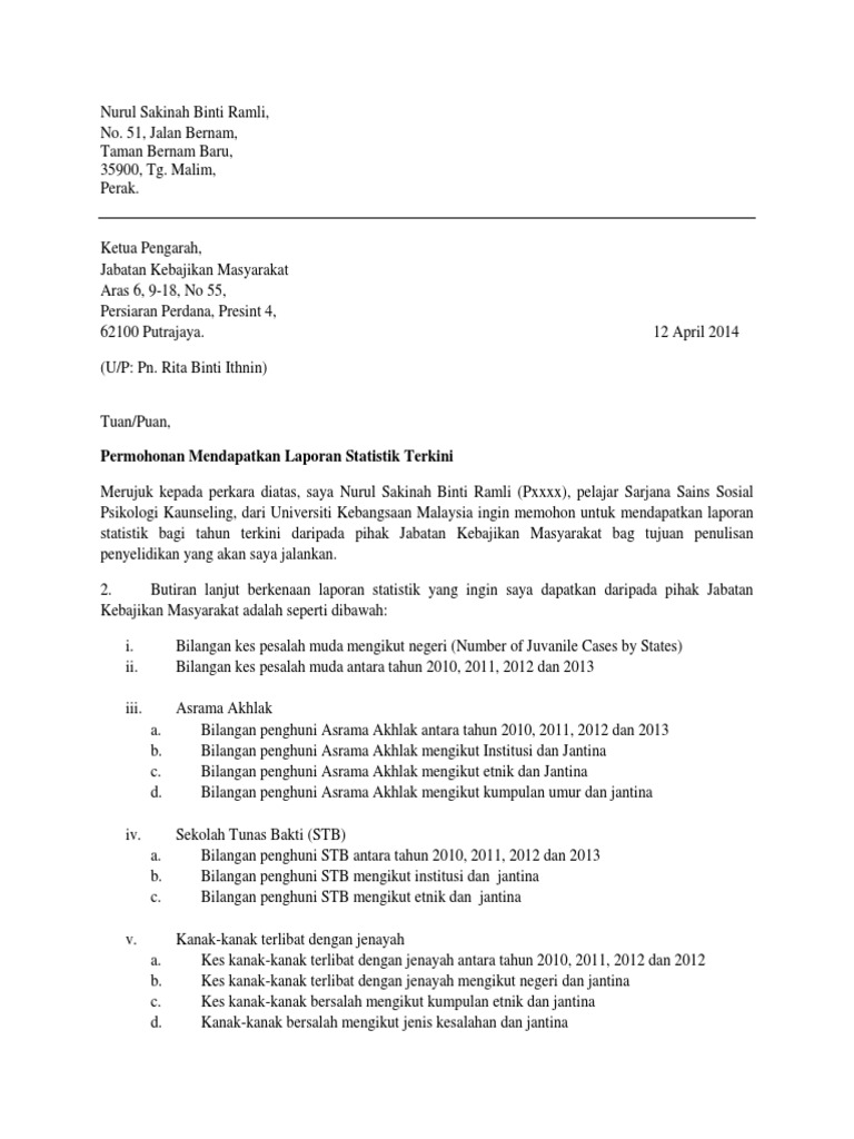 Surat Permohonan Laporan Statistik Yang Diingini Scrib Pdf