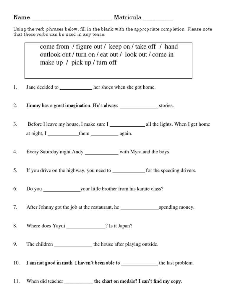 Verb Phrase Completion Exercise | PDF | Language Arts & Discipline ...