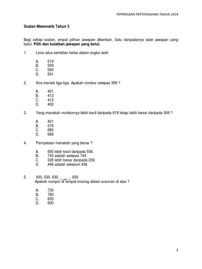 Soalan Matematik Tahun 3 PPT