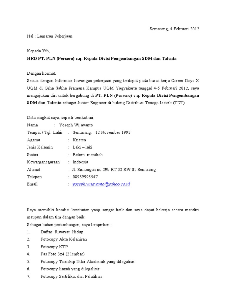 Contoh Surat Lamaran Kerja Pln Untuk Smk - Kumpulan Kerjaan