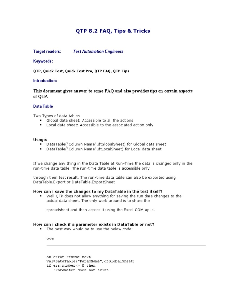 QTP 8.2 Tips, Tricks & FAQs Guide | PDF | Library (Computing) | Subroutine