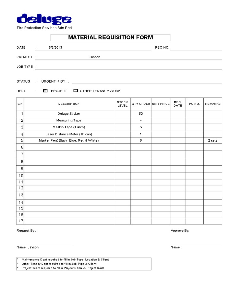 Material Requisition Form: Fire Protection Services SDN BHD | PDF
