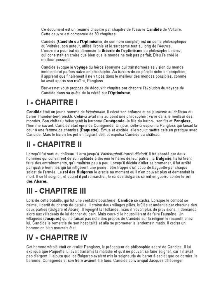 Resume De Candide De Voltaire Candide Resume | PDF | Candide | Religions et croyances