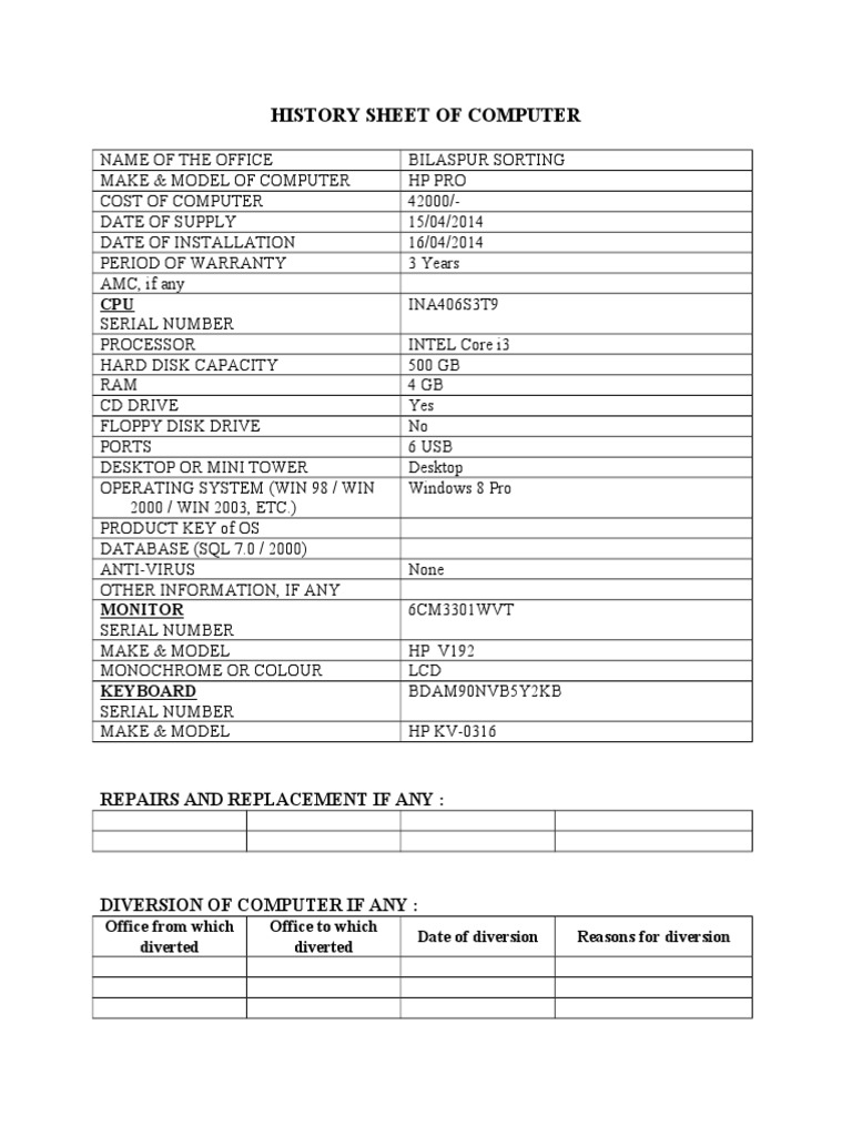 History Sheet of Computer Operating System Printer