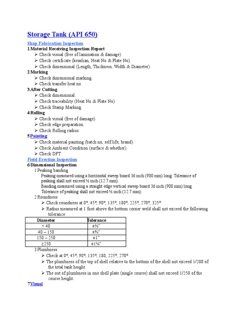 API 650 Checklist | Vacuum | Chemistry
