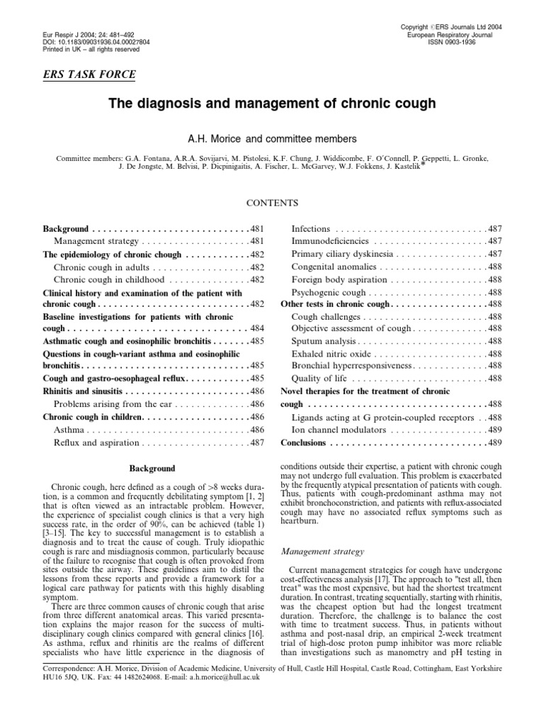 The Diagnosis and Management of Chronic Cough: Ers Task Force | PDF ...