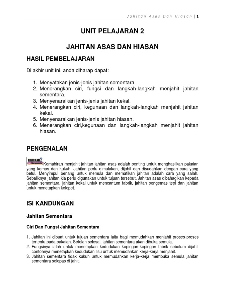 Unit 2 Jahitan Asas Dan Hiasan Pdf