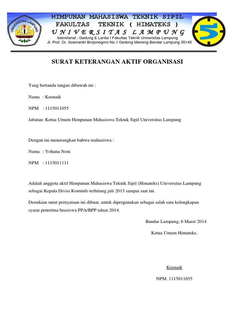 Surat Keterangan Aktif Organisasi Lampisang 7 April 2012 Kepala Sekolah Murniati S.