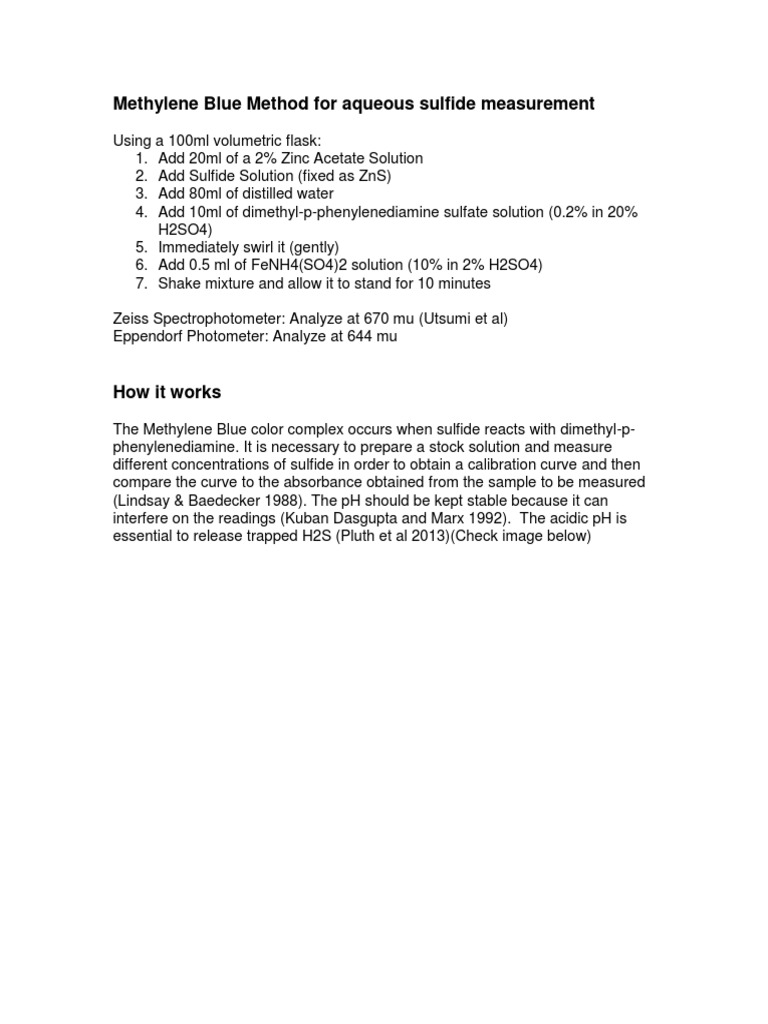 Methylene Blue Method for Sulfide Measurement | PDF | Sulfide | Solution