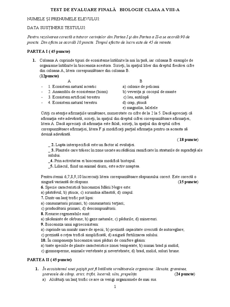 Test Final Biologie Clasa a Viii-A