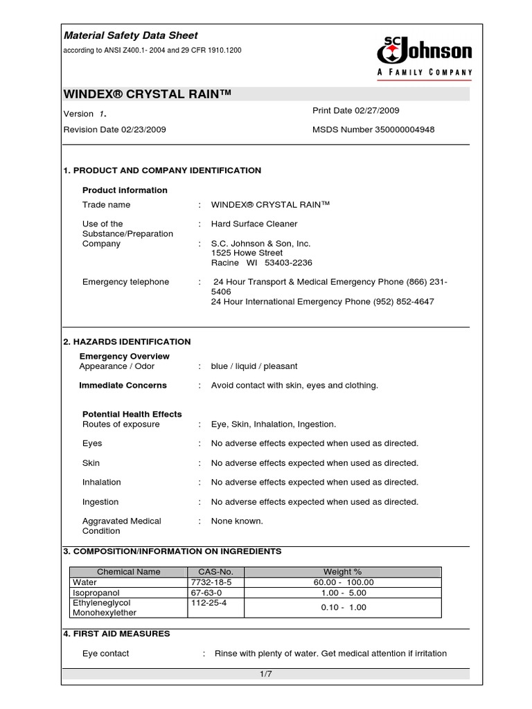 MSDS Windex Crystal Rain PDF Toxicity Occupational Safety And Health
