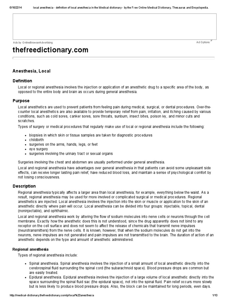 Local Anesthesia - Definition of Local Anesthesia in the Medical