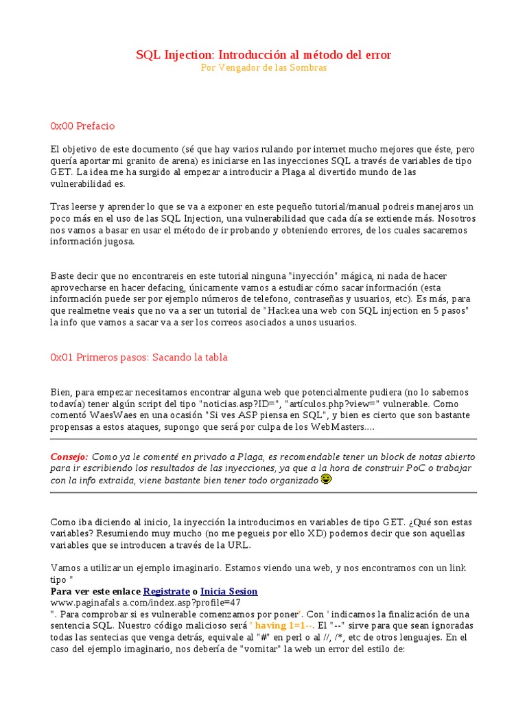 SQL Injection Introduccion Al Metodo Del Error | PDF