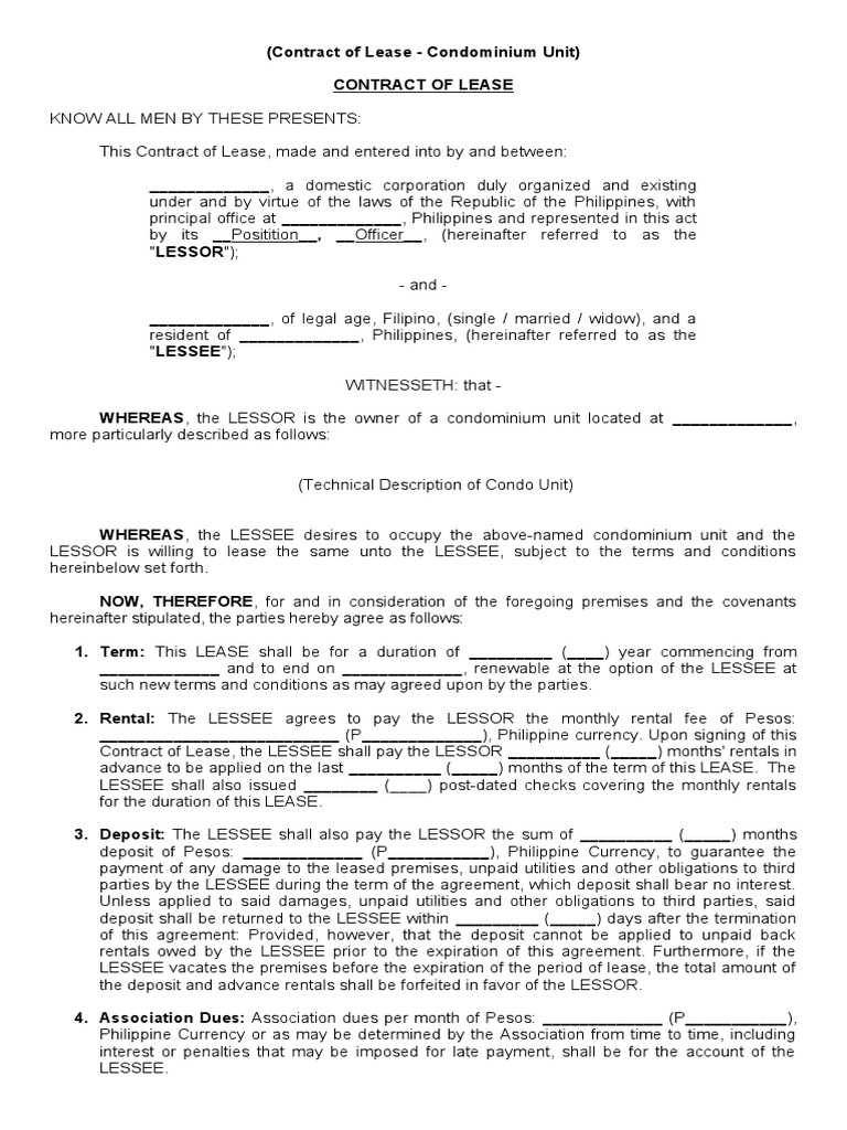 Contract of Lease (Condominium Unit) Lease Law Of Obligations