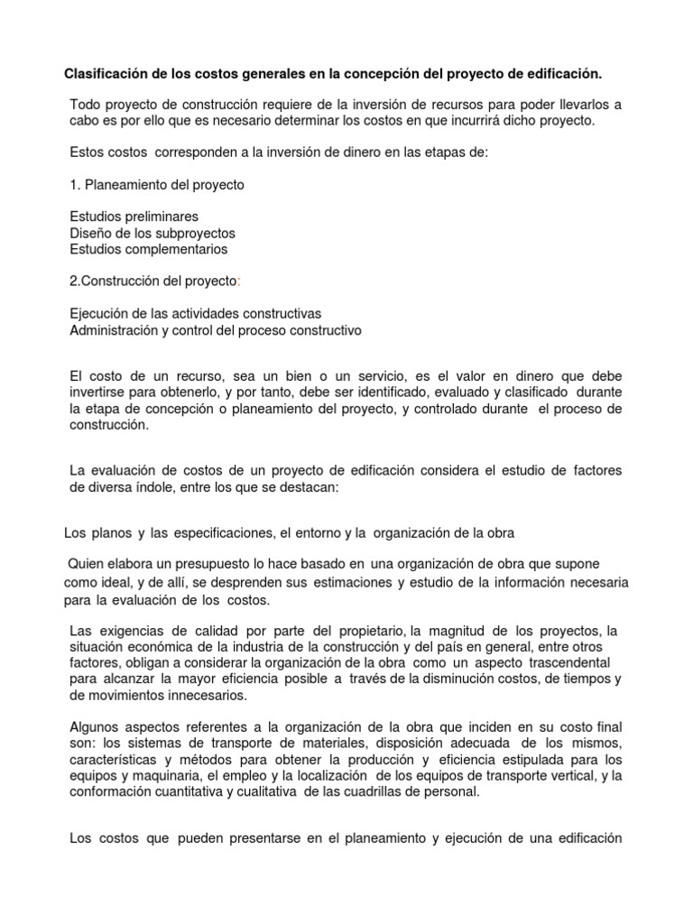 Clasificación de Costos en Proyectos de Edificación | PDF | Costo ...