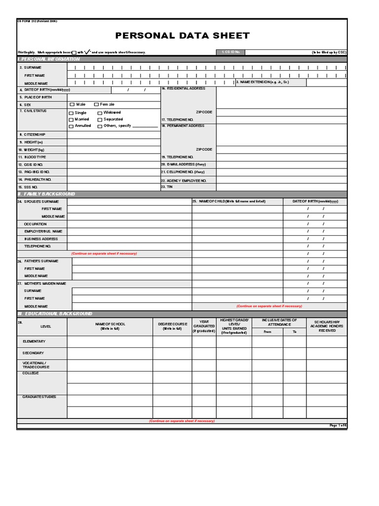 PDS Personal Data Sheet Overview | PDF