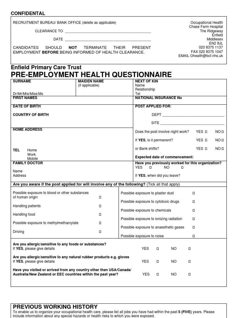 Pre Employment Occupational Health Form PDF Hepatitis B Vaccines